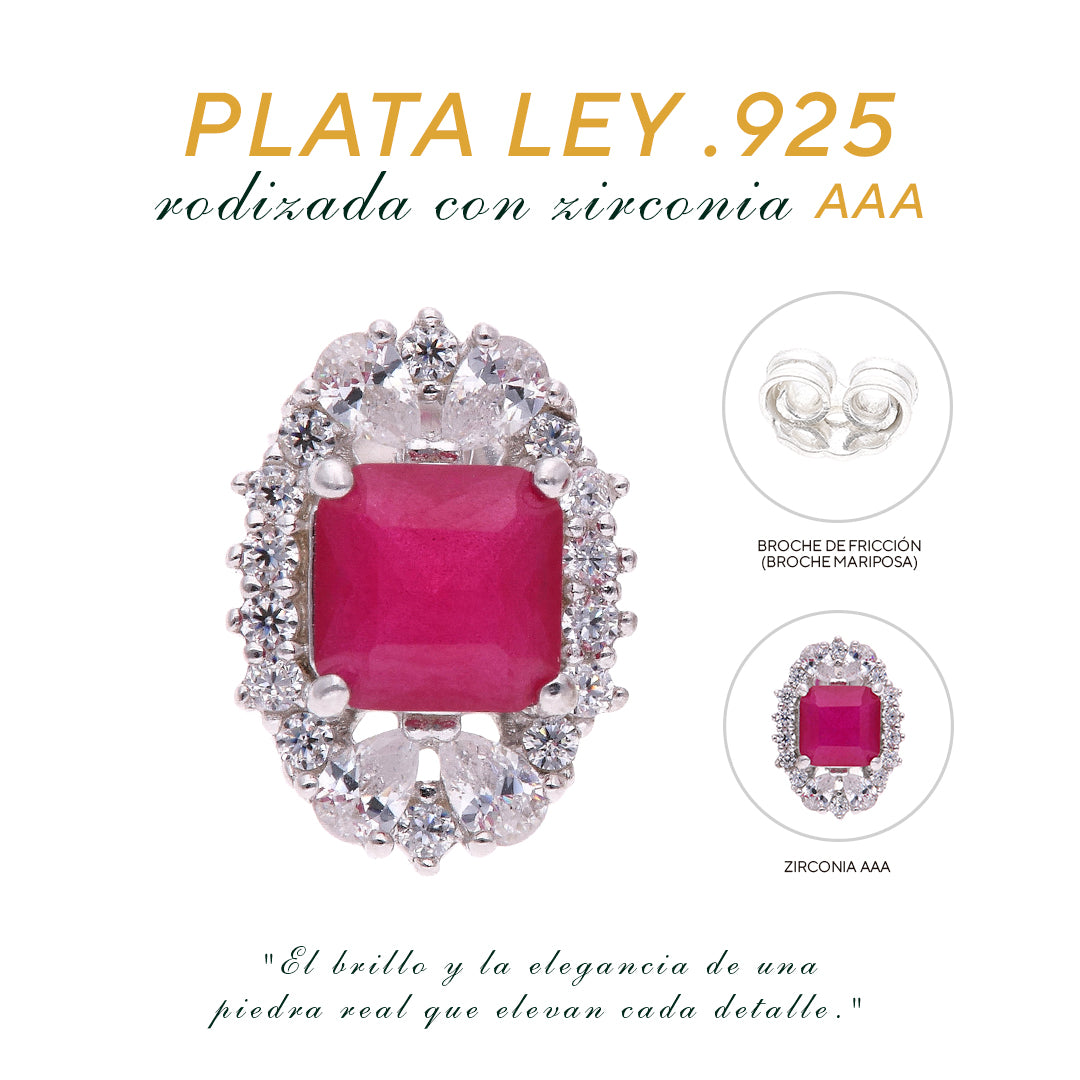 BROQUEL  EN PLATA LEY .925, CON RODIO , ZIRCONIA AAA ROJO RUBI Y BLANCO