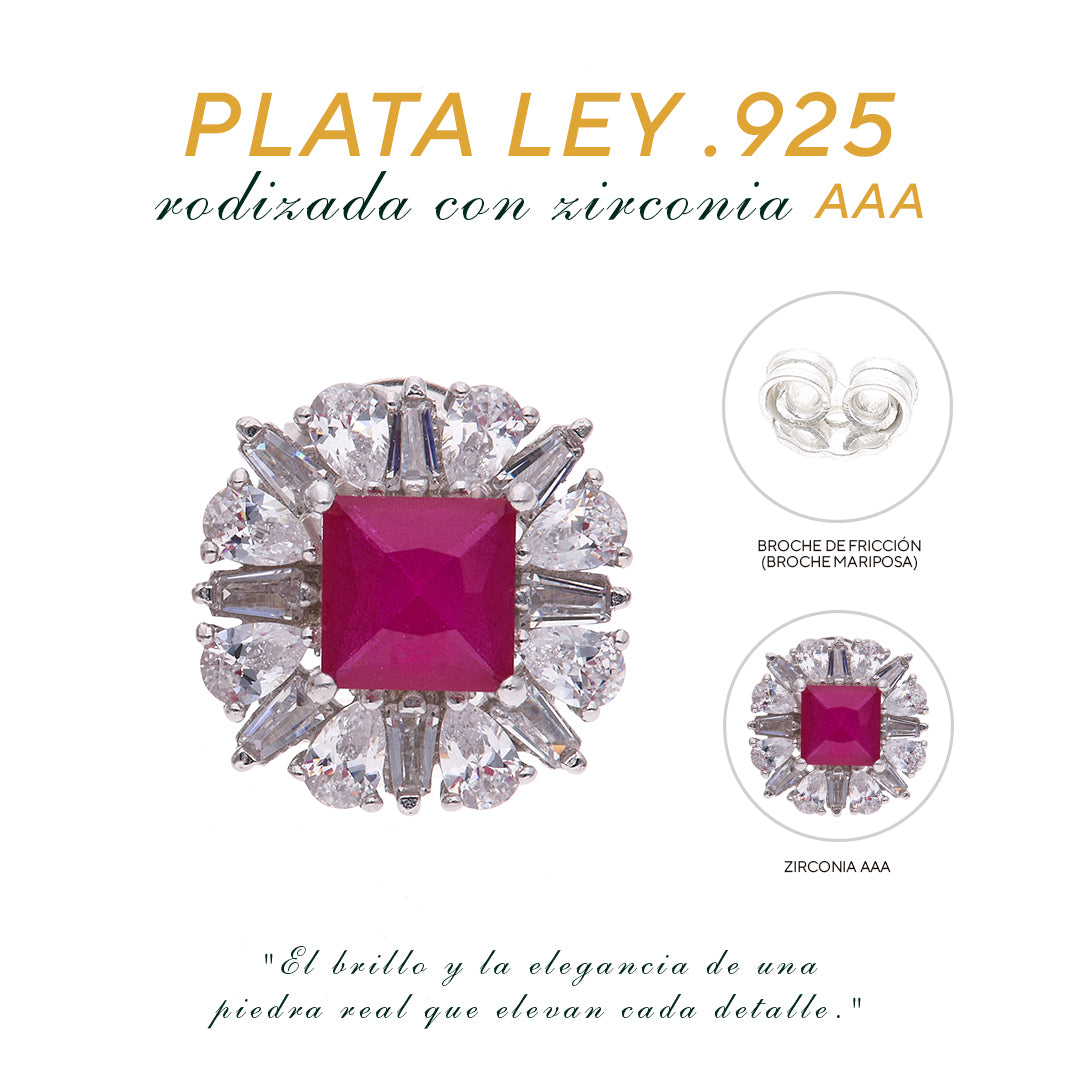 Broquel Plata Ley 925 con Rodio y Zirconia AAA Color Rojo Rubí y Blanco