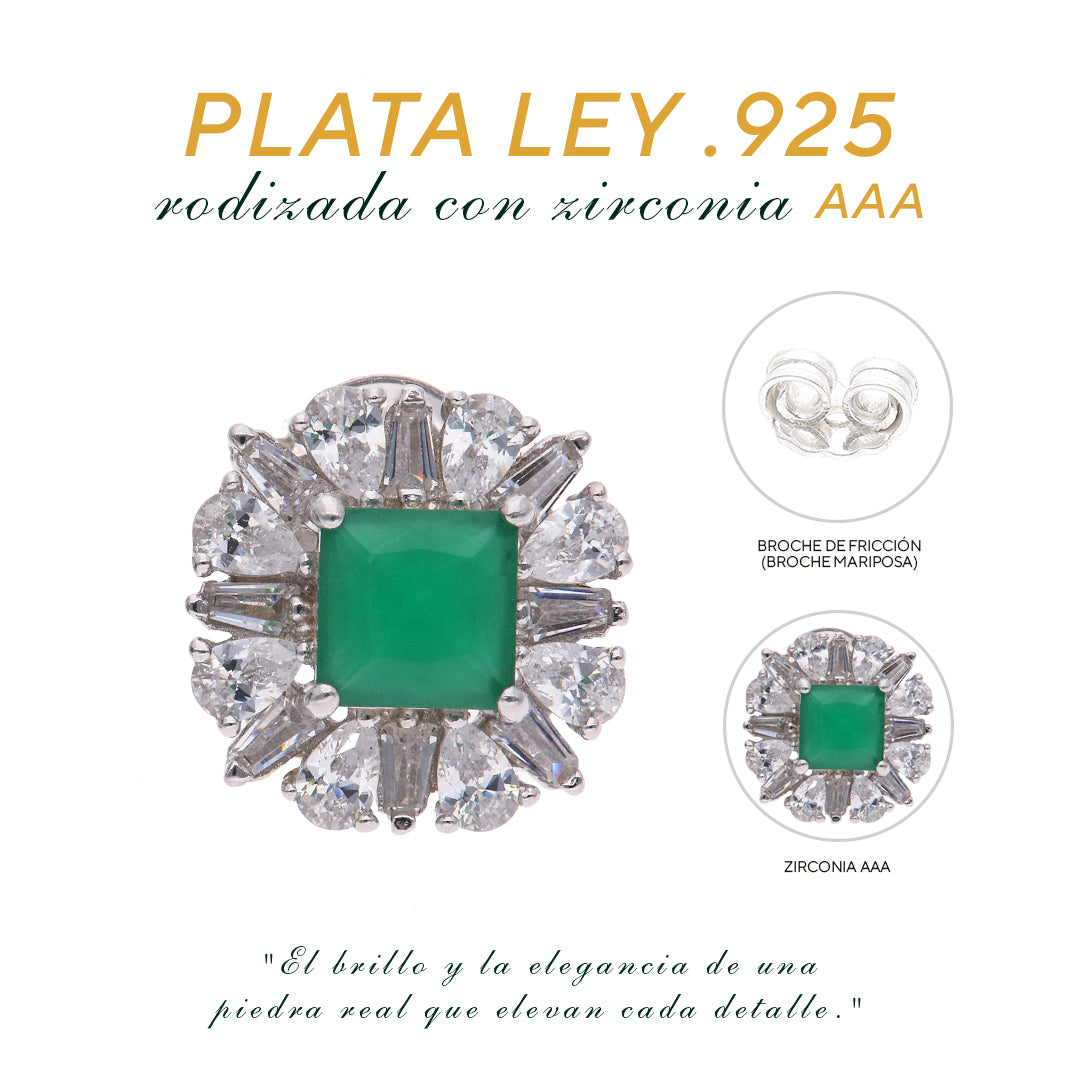Broquel Plata Ley 925 con Rodio y Zirconia AAA Color Verde Esmeralda y Blanco