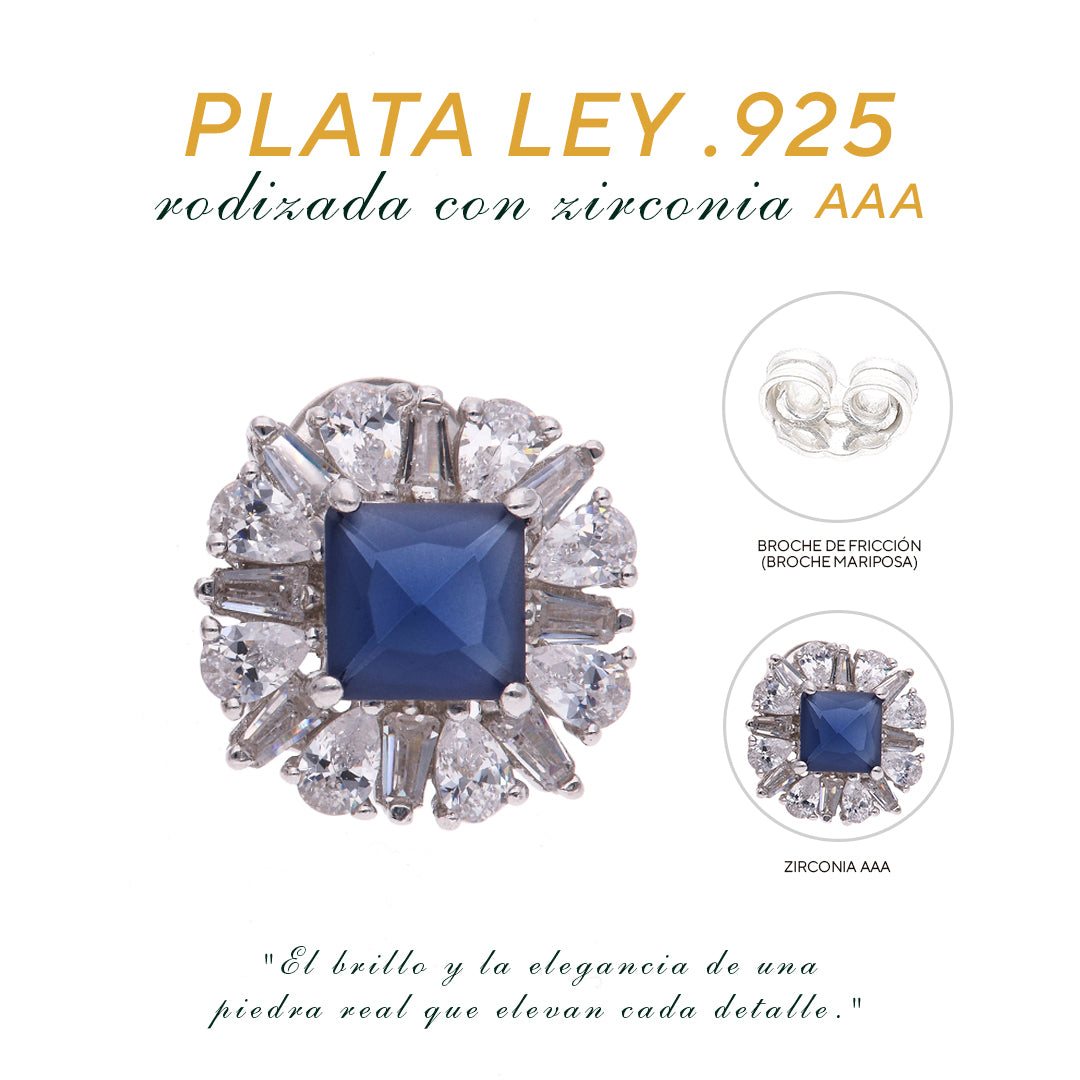 Broquel Plata Ley 925 con Rodio y Zirconia AAA Color Azul Zafiro y Blanco