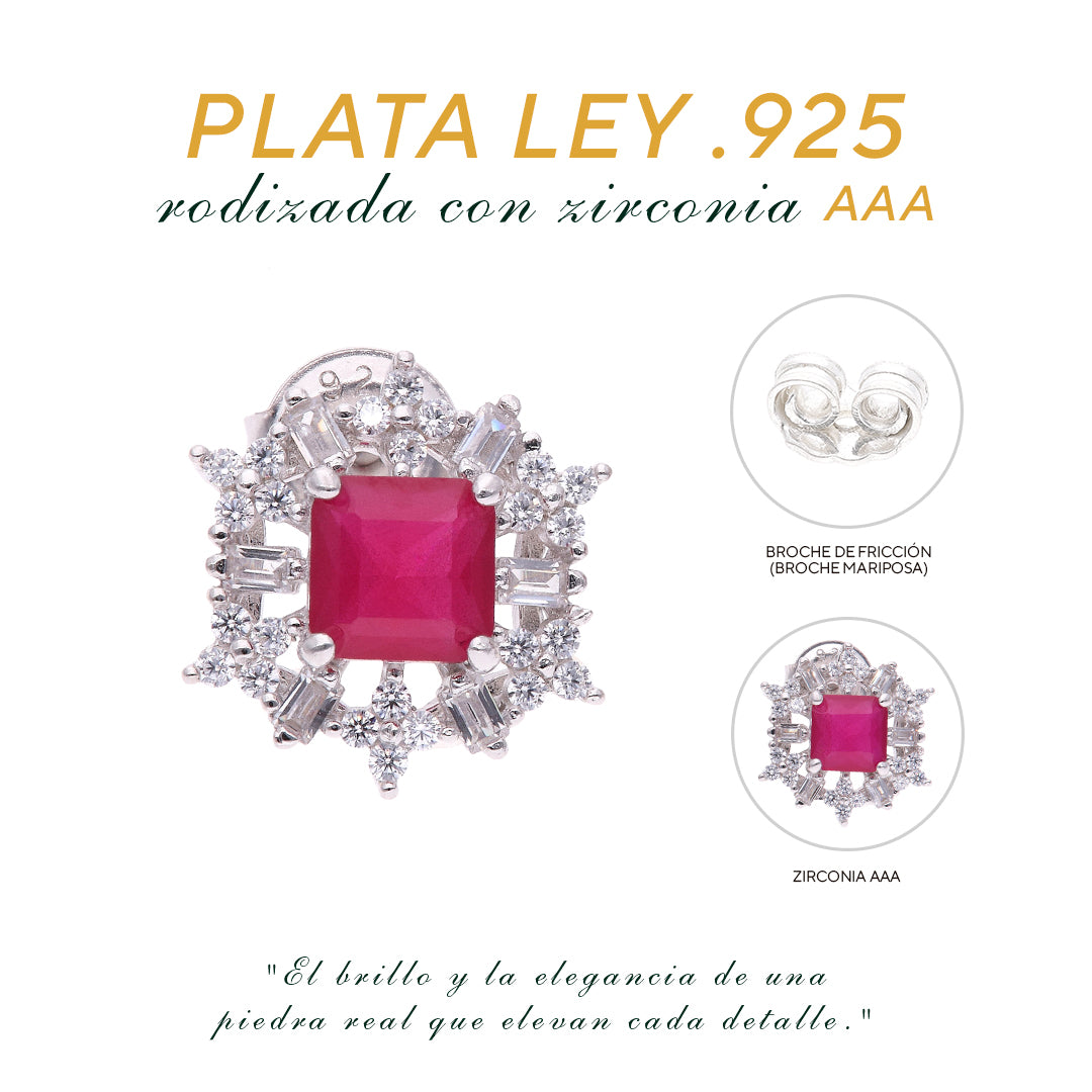 BROQUEL  EN PLATA LEY .925, CON RODIO ,  ZIRCONIA  AAA  ROJO RUBI Y BLANCO