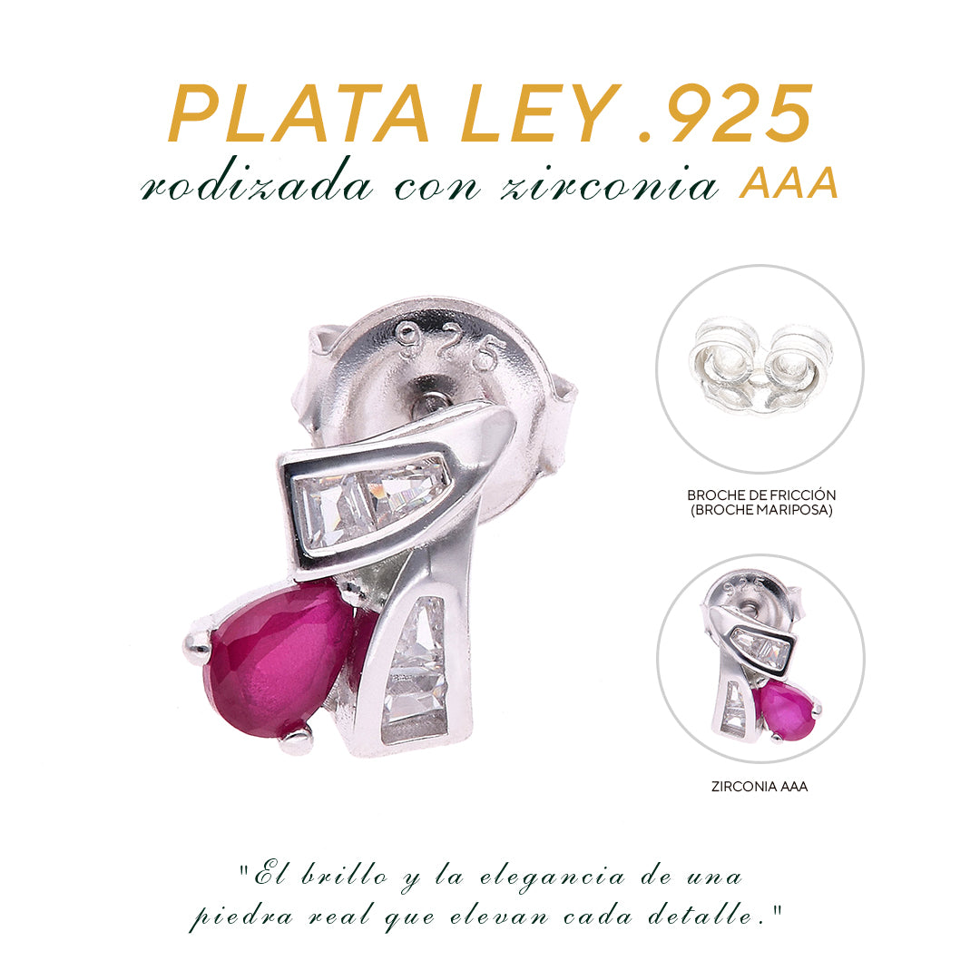 BROQUEL EN PLATA LEY .925, CON RODIO , ZIRCONIA AAA ROJO RUBI Y BLANCO