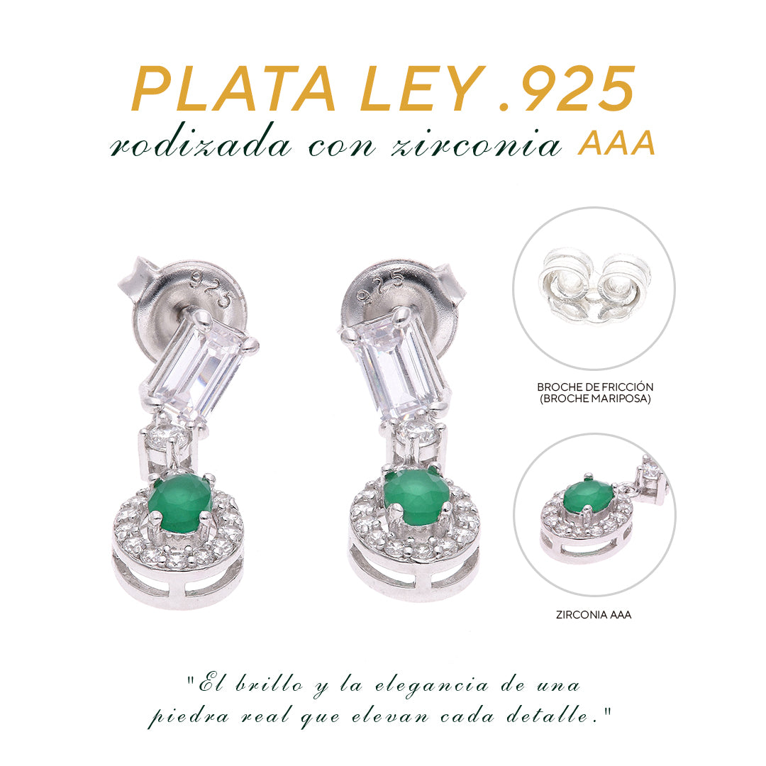 Aretes Plata Ley 925 con Rodio y Zirconia AAA Color Verde Esmeralda y Blanco