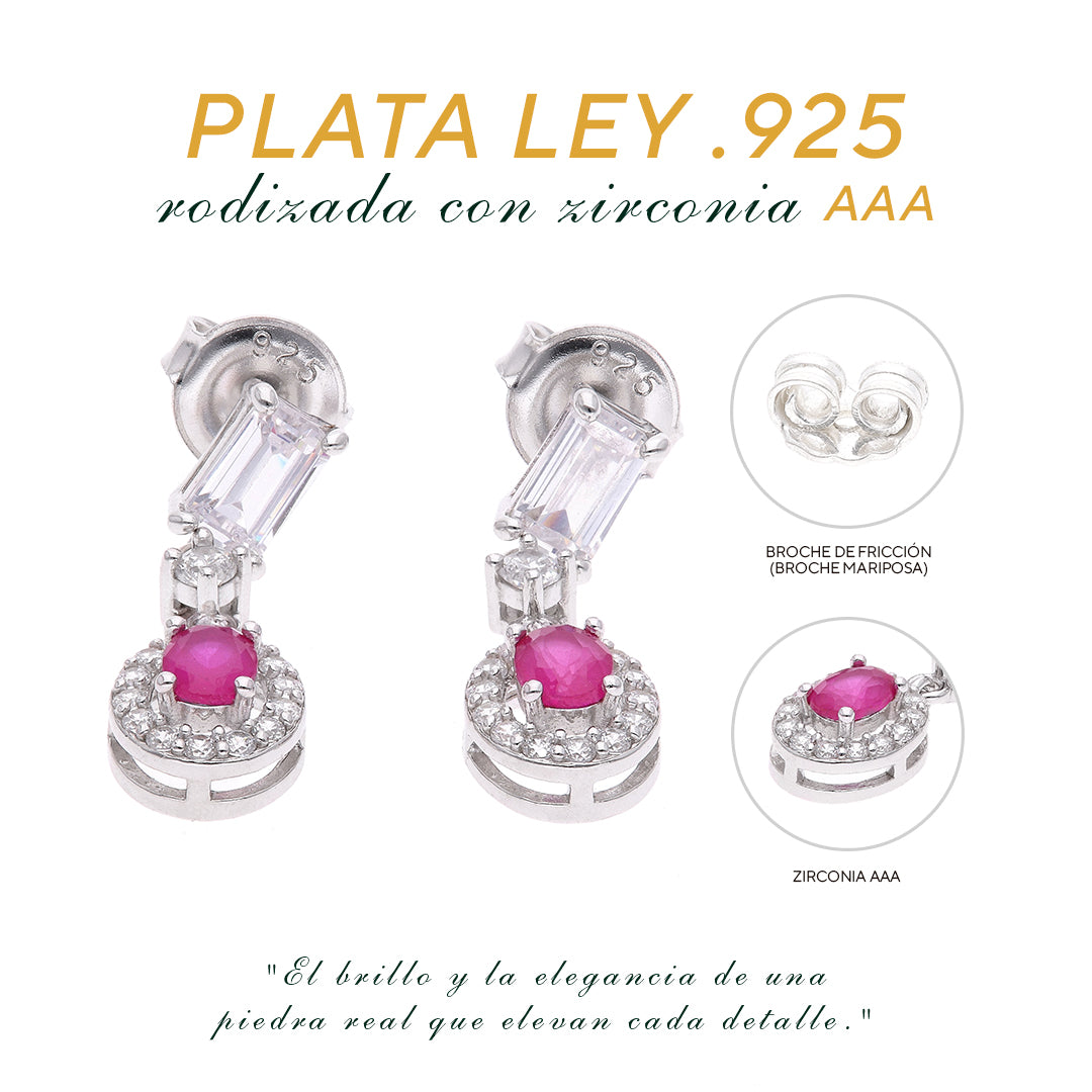 Aretes Plata Ley 925 con Rodio y Zirconia AAA Color Rojo Rubí y Blanco