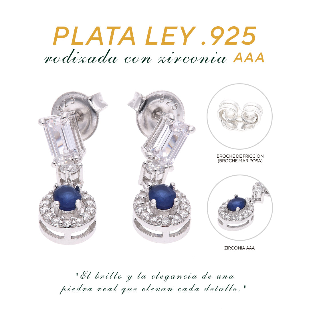 Aretes Plata Ley 925 con Rodio y Zirconia AAA Color Azul Zafiro y Blanco Ovalado