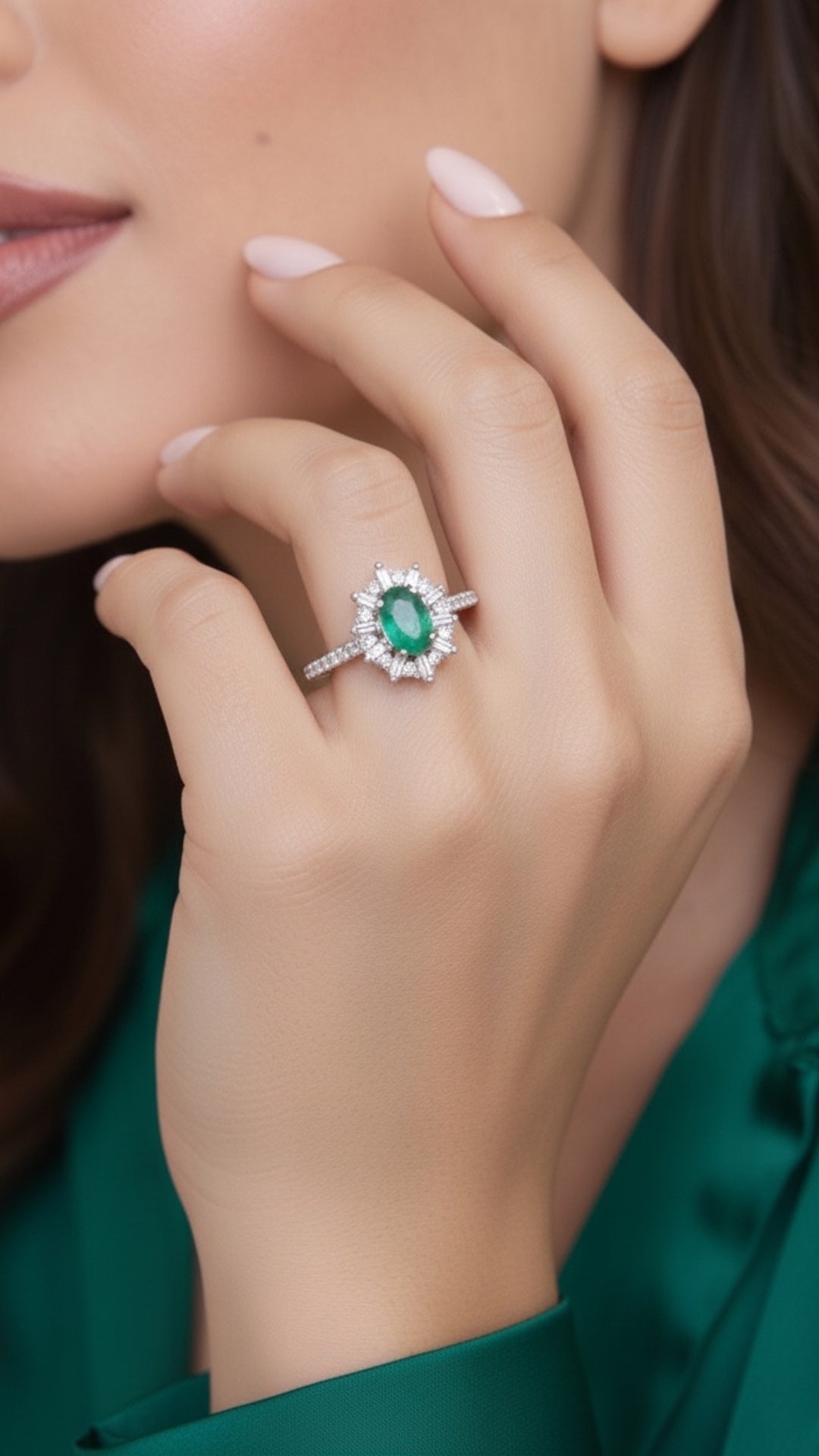 Anillo Plata Ley 925 con Rodio y Zirconia AAA Color Verde Esmeralda y Blanco Ovalado
