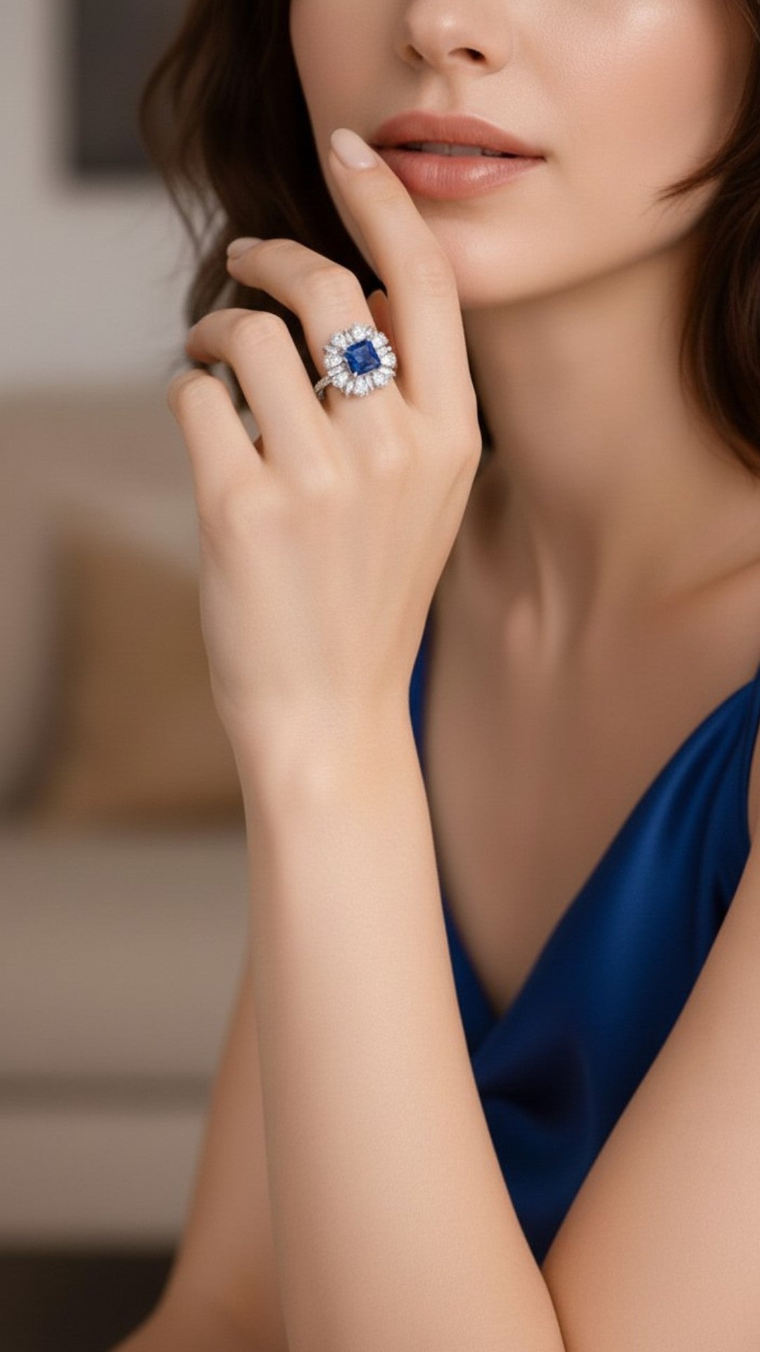 Anillo Plata Ley 925 con Rodio y Zirconia AAA Color Azul Zafiro y Blanco