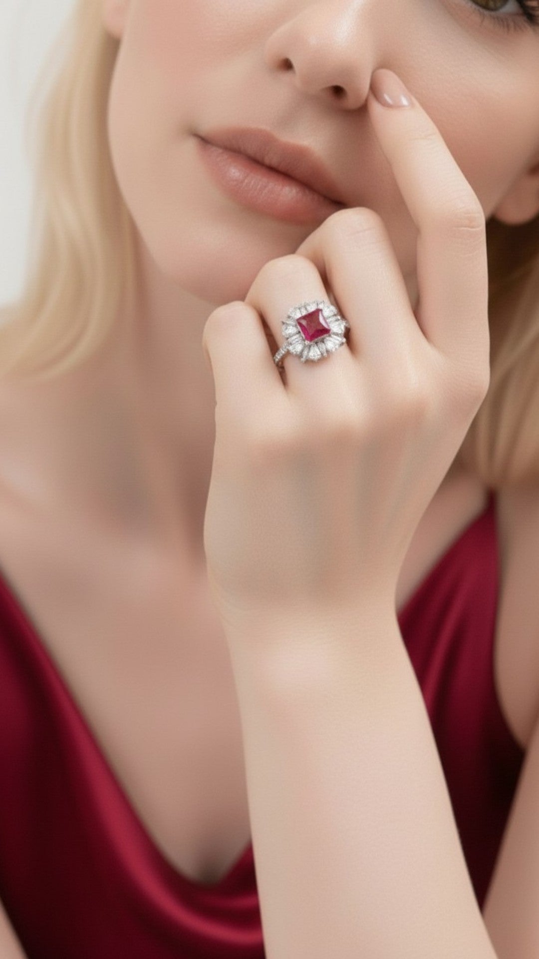Anillo Plata Ley 925 con Rodio y Zirconia AAA Color Rojo Rubí y Blanco