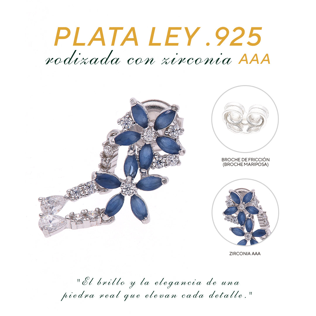 Aretes Plata Ley 925 con Rodio y Zirconia AAA Color Azul Zafiro y Blanco en Forma de Dos Flores