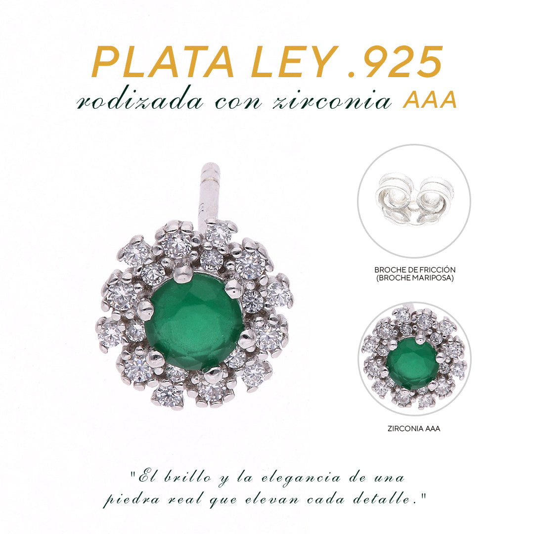 Broquel Plata Ley 925 con Rodio y Zirconia AAA Color Verde Esmeralda y Blanco Redondo