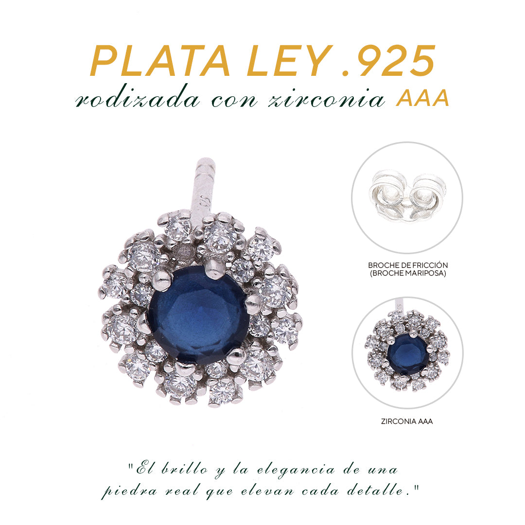 Broquel Plata Ley 925 con Rodio y Zirconia AAA Color Azul Zafiro y Blanco Redondo
