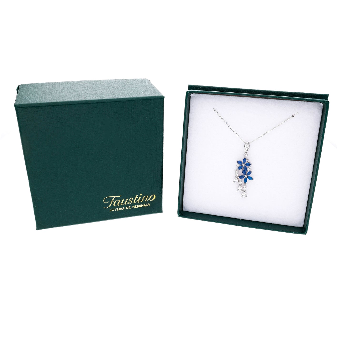 Dije Plata Ley 925 con Rodio y Zirconia AAA Color Azul Zafiro y Blanco en Forma de Dos Flores