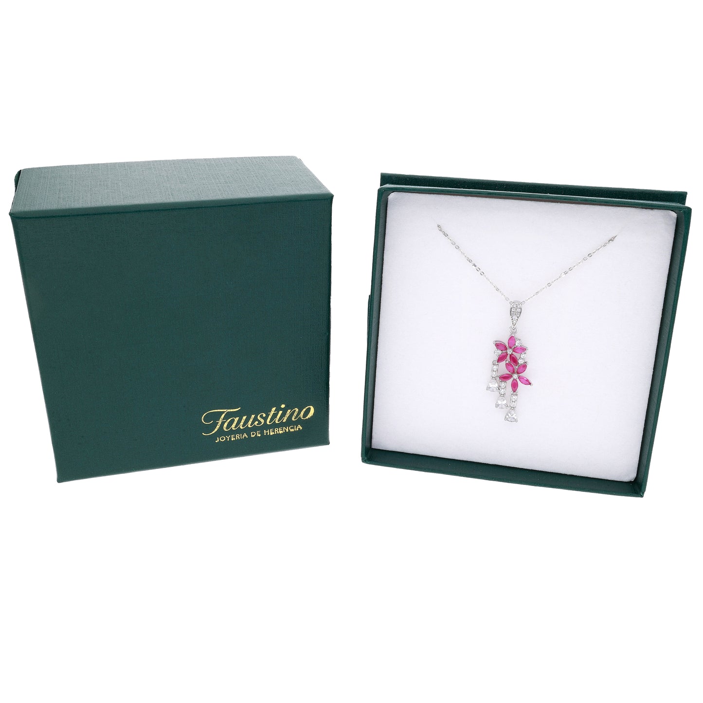 Dije Plata Ley 925 con Rodio y Zirconia AAA Color Rojo Rubí y Blanco en Forma de Dos Flores