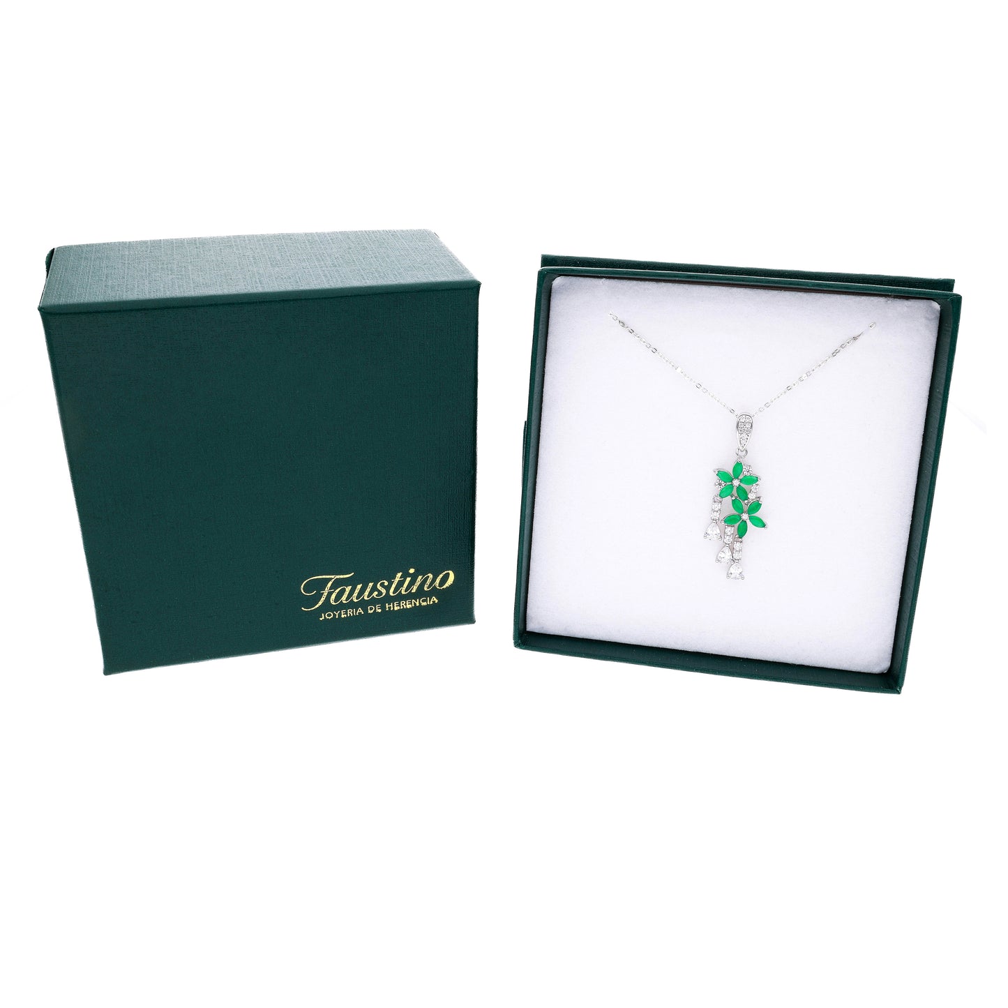 Dije Plata Ley 925 con Rodio y Zirconia AAA Color Verde Esmeralda y Blanco en Forma de Dos Flores
