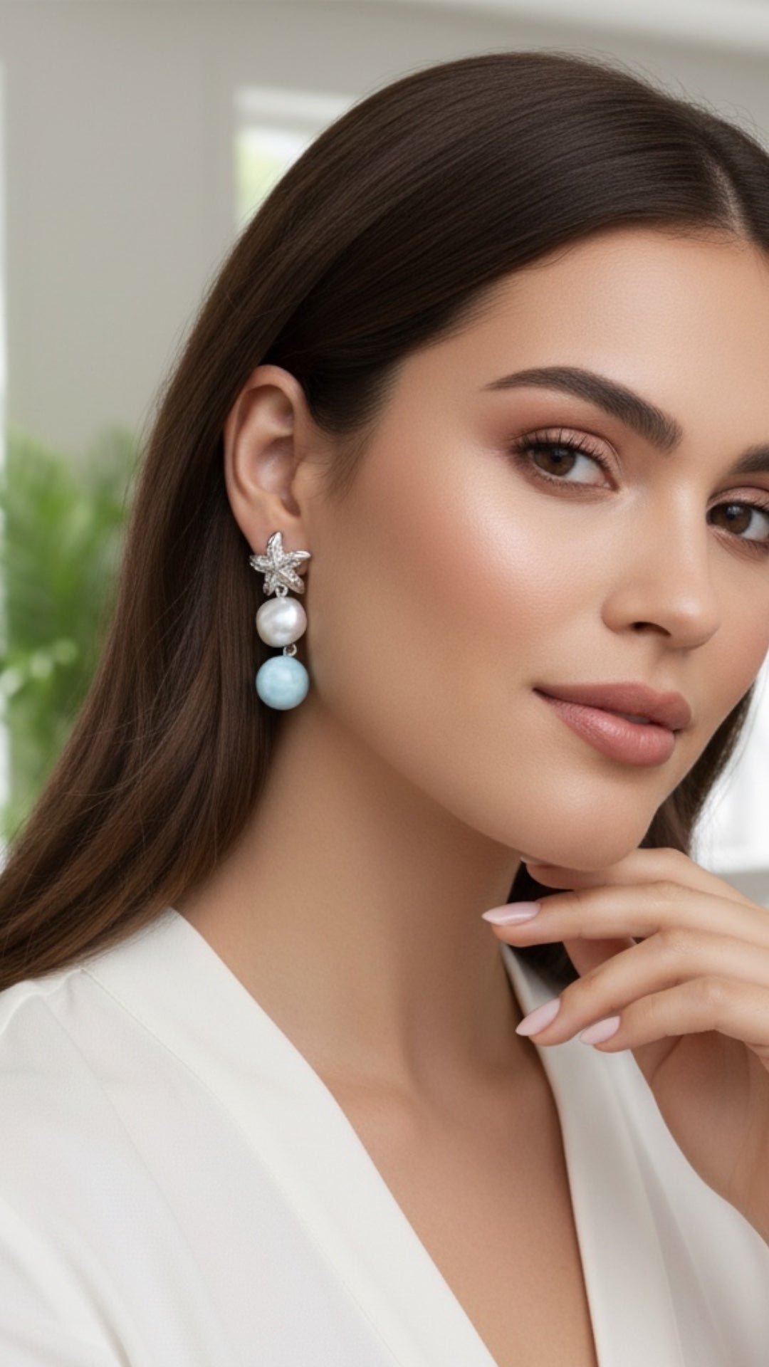 Aretes Perla y Larimar en Plata.925