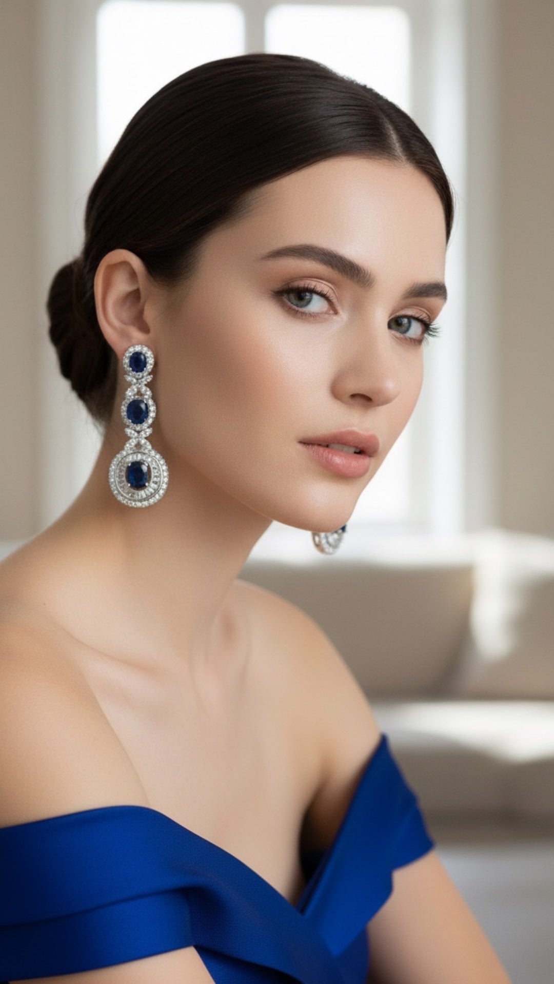 Aretes Plata Ley 925 con Rodio y Zirconia AAA Color Azul Zafiro y Blanco Ovalado