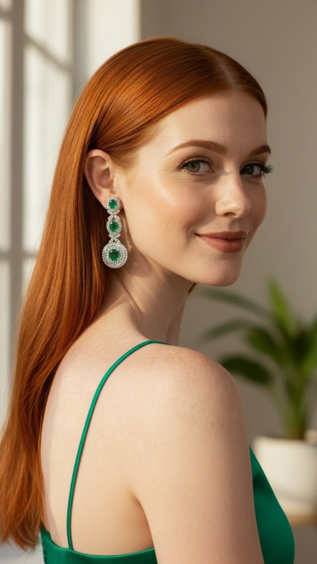 Aretes Plata Ley 925 con Rodio y Zirconia AAA Color Verde Esmeralda y Blanco Ovalado