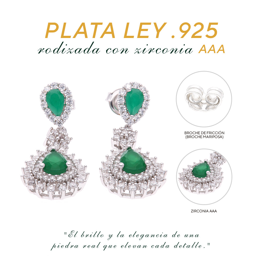 ARETES EN PLATA LEY .925, CON RODIO , ZIRCONIA AAA VERDE ESMERALDA Y BLANCO