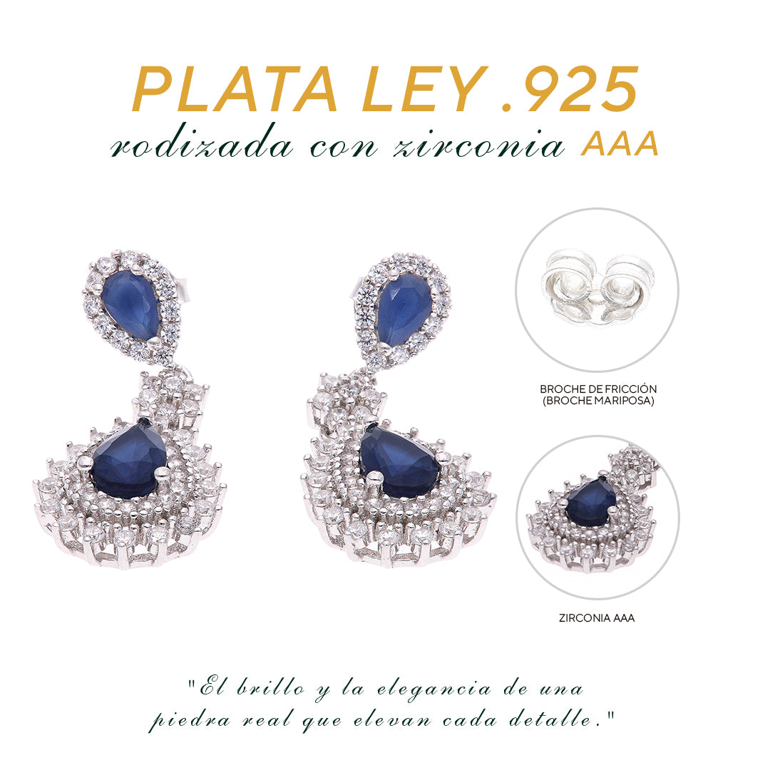 ARETES EN PLATA LEY .925, CON RODIO , ZIRCONIA AAA AZUL ZAFIRO Y BLANCO , REDONDO