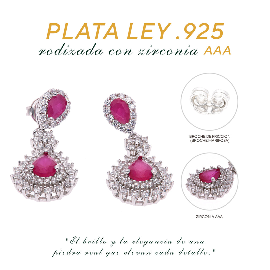ARETES EN PLATA LEY .925, CON RODIO , ZIRCONIA AAA ROJO RUBI Y BLANCO