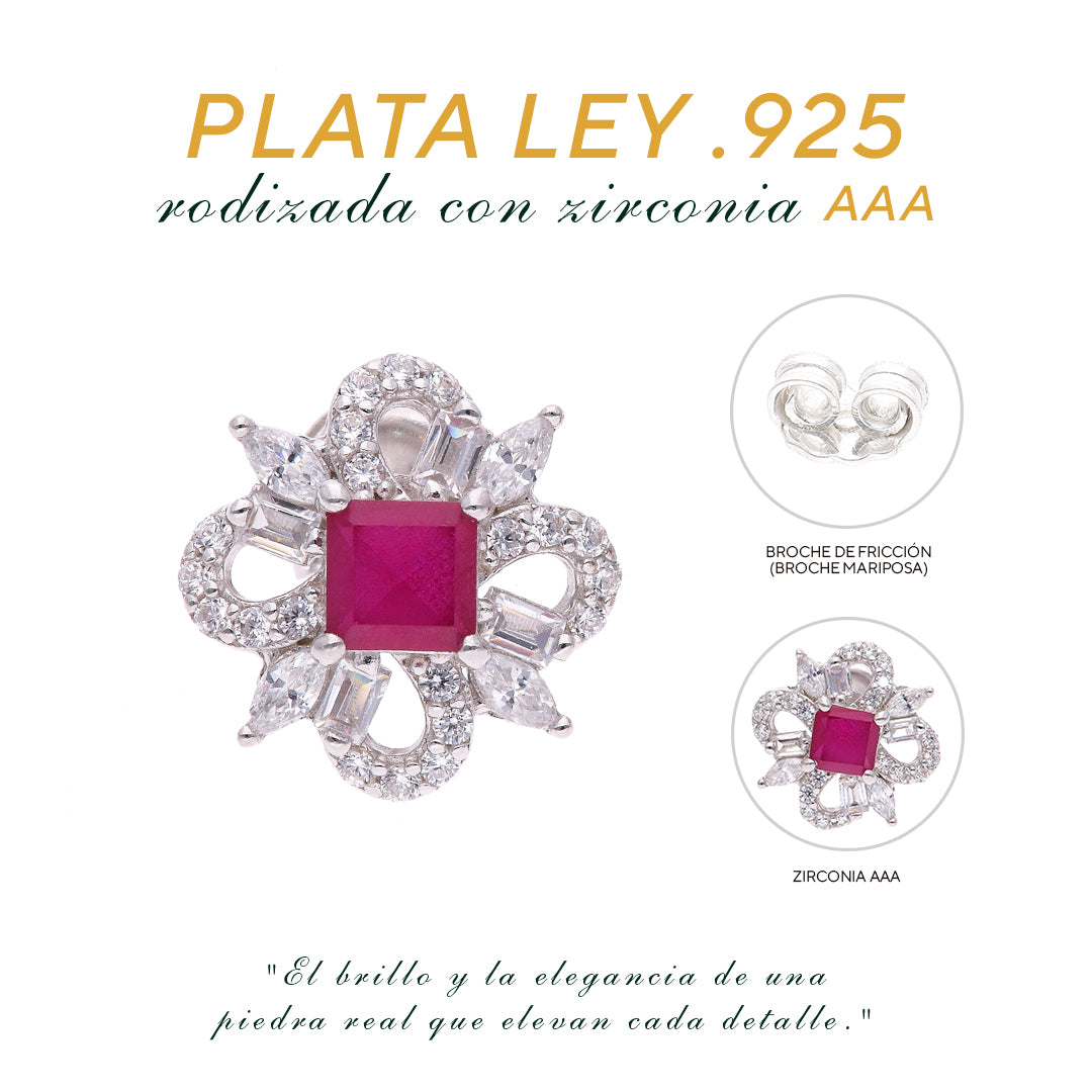 BROQUEL EN PLATA LEY .925, CON RODIO , ZIRCONIA AAA ROJO RUBI Y BLANCO