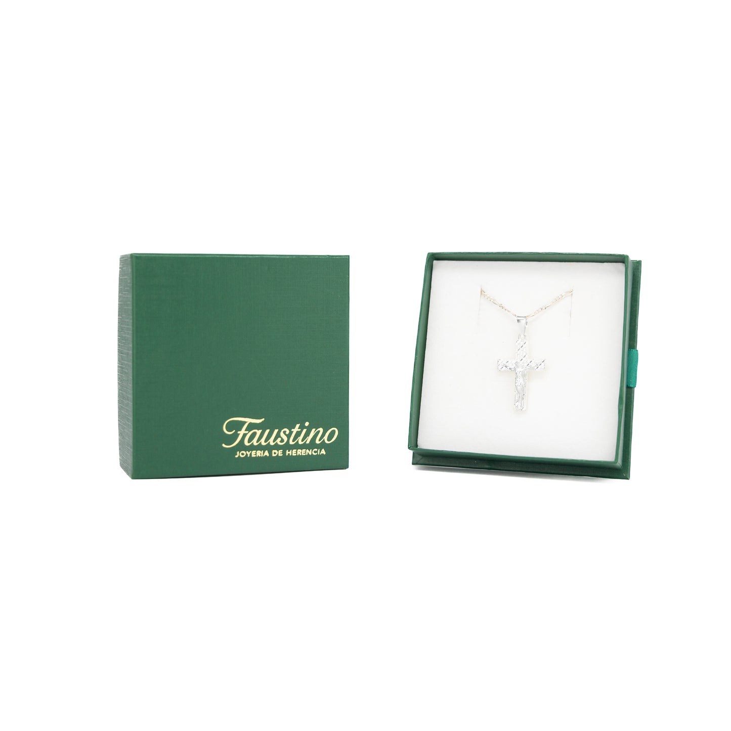 Set de Dije y Cadena de Plata - Crucifijo Calado Artístico con Cadena Fígaro .925 (COMM.DR113)