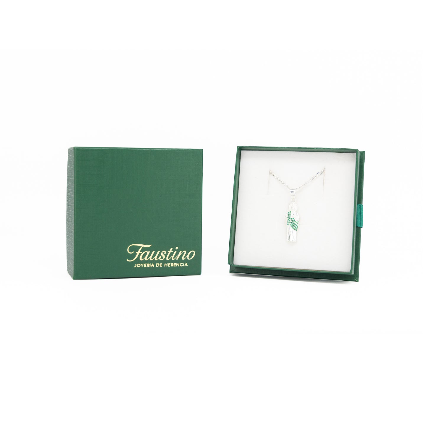 Set de Dije y Cadena de Plata - San Judas Tadeo Majestuoso con Zirconias Verdes con Cadena Fígaro .925