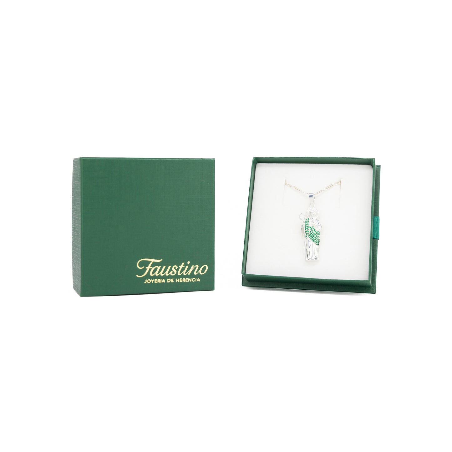 Set de Dije y Cadena de Plata - San Judas Tadeo con Zirconias Verdes con Cadena Fígaro .925