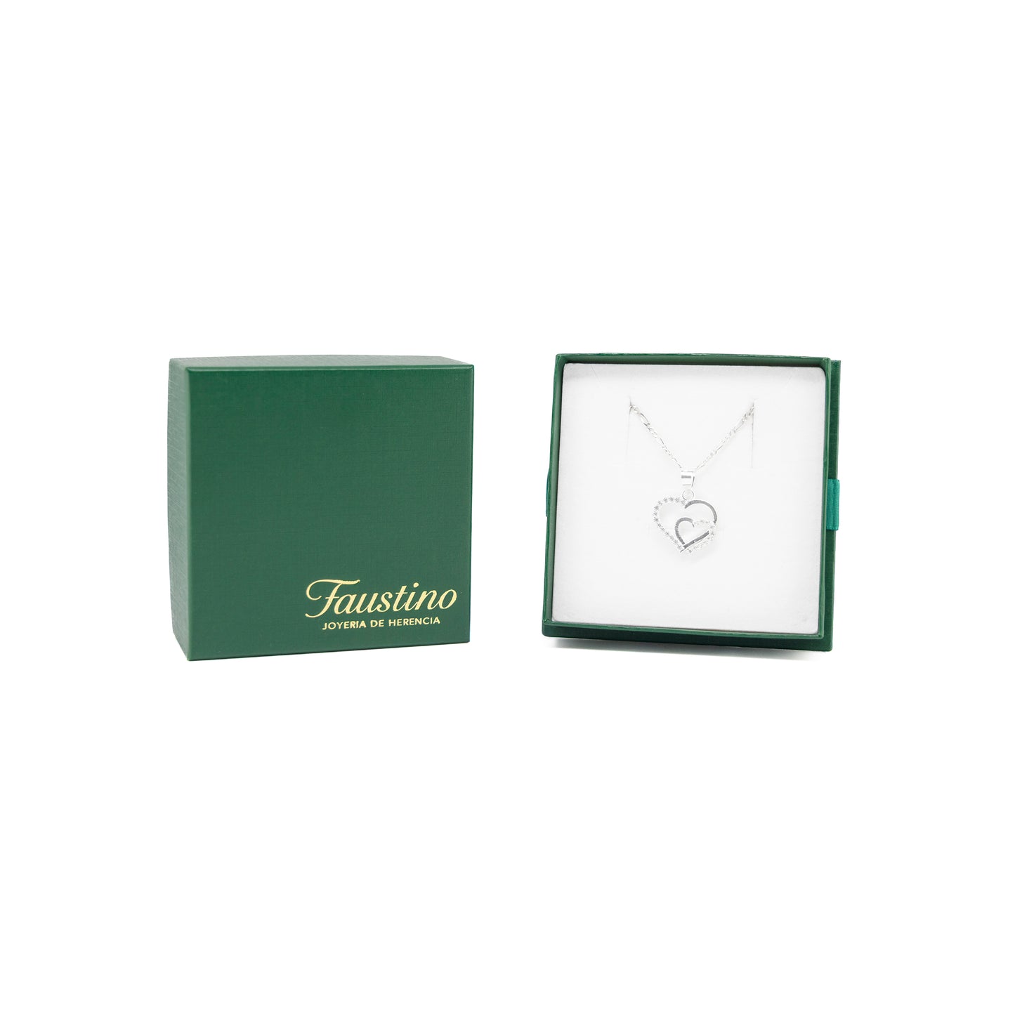 Set de Dije y Cadena de Plata - Corazón Doble con Zirconias con Cadena Fígaro .925