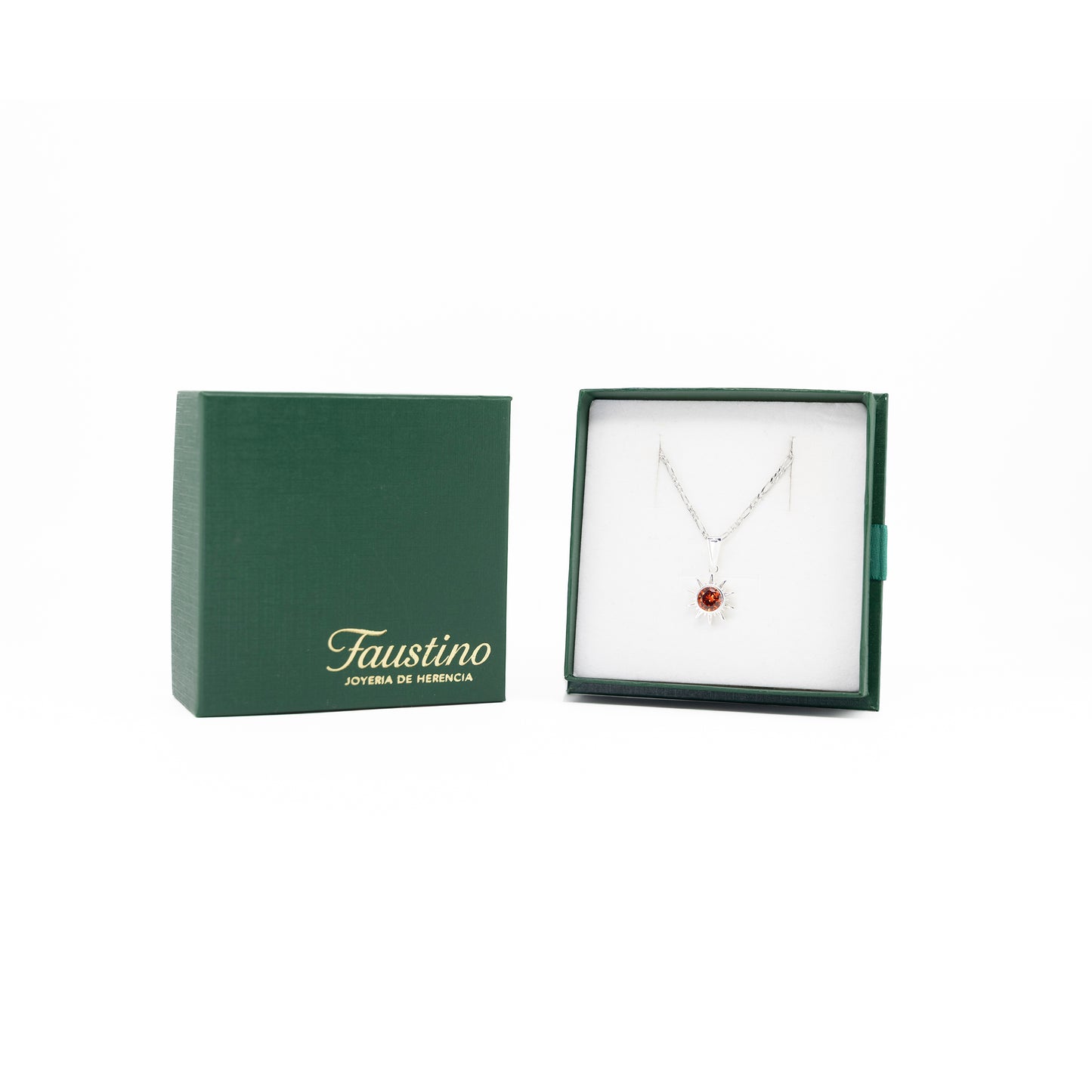 Set de Dije y Cadena de Plata - Sol con Zirconia Naranja con Cadena Fígaro .925