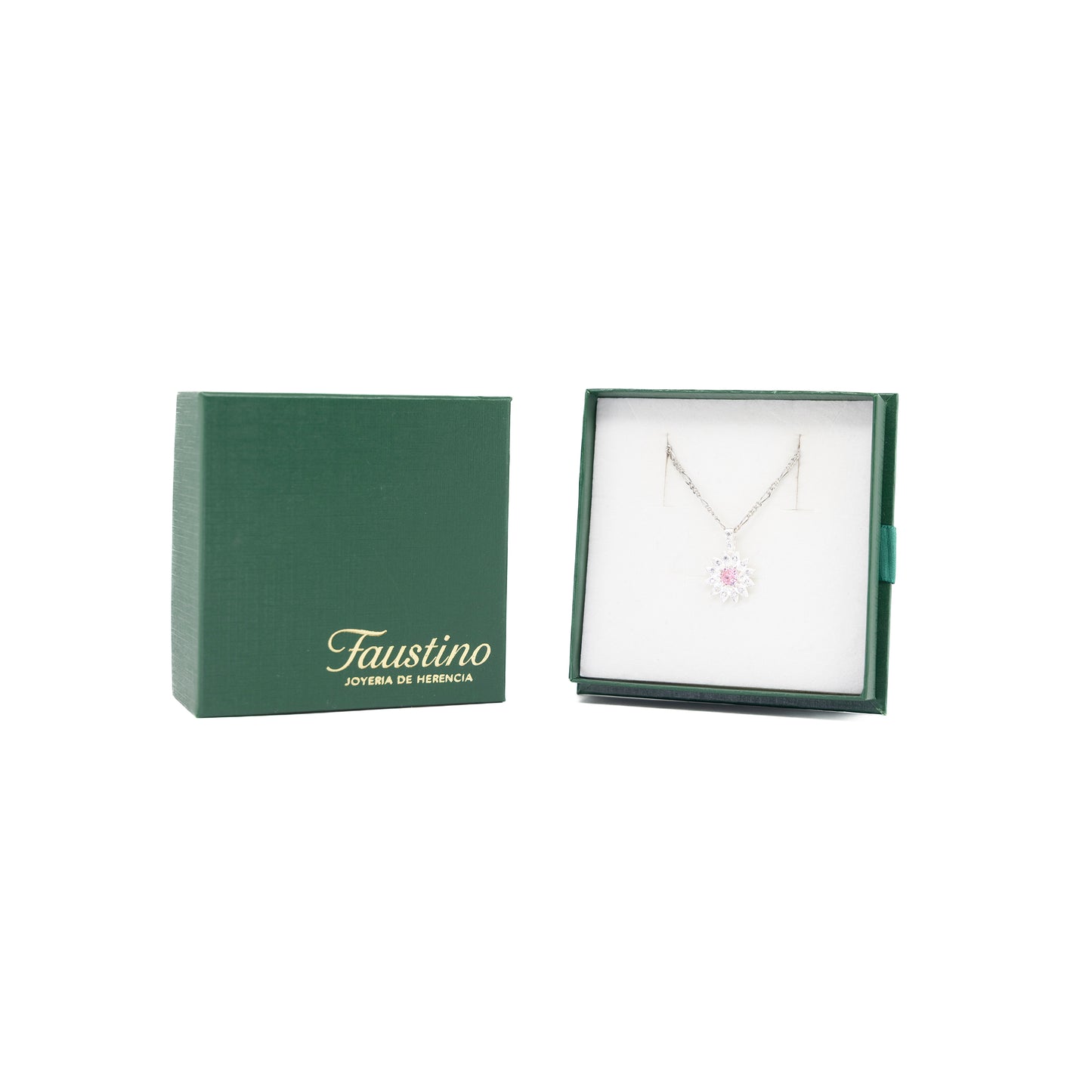 Set de Dije y Cadena de Plata - Flor con Zirconia Rosa con Cadena Fígaro .925