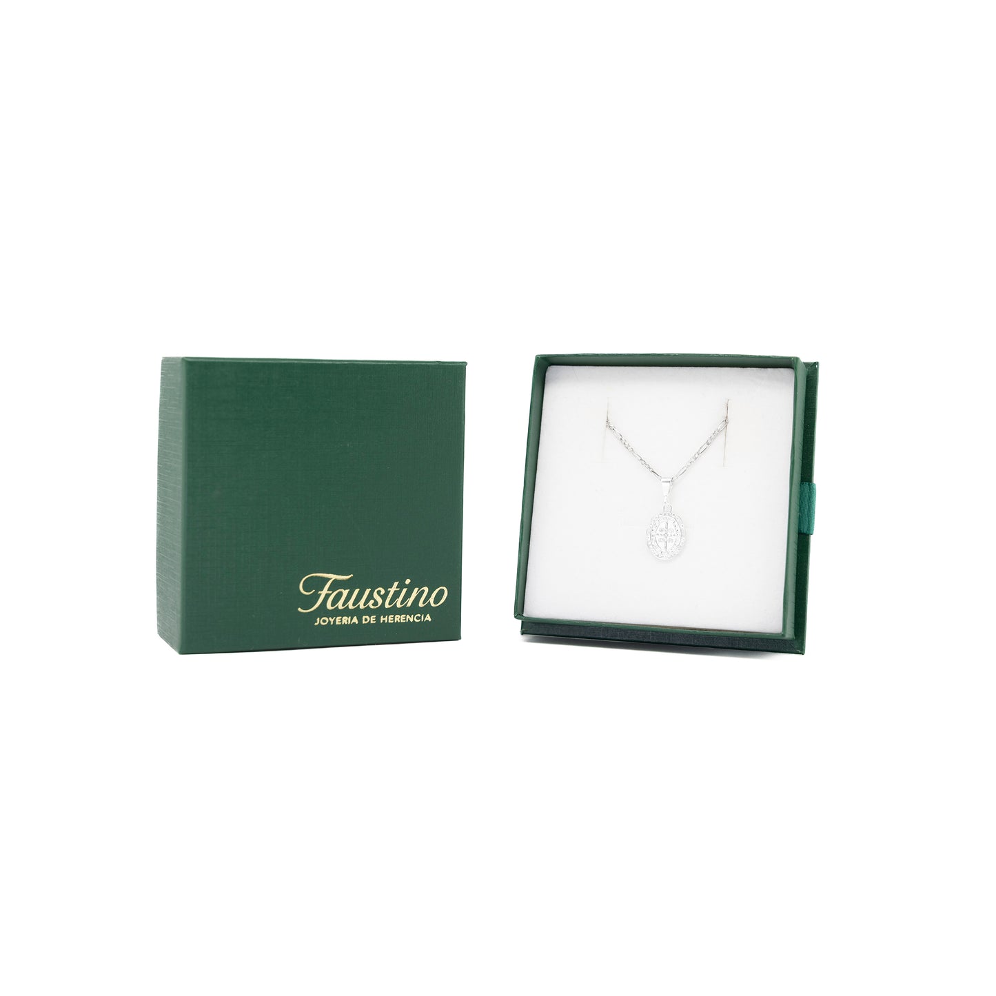 Set de Dije y Cadena de Plata - San Benito con Marco Ornamental Ovalado Doble Vista con Cadena(FBD-231)