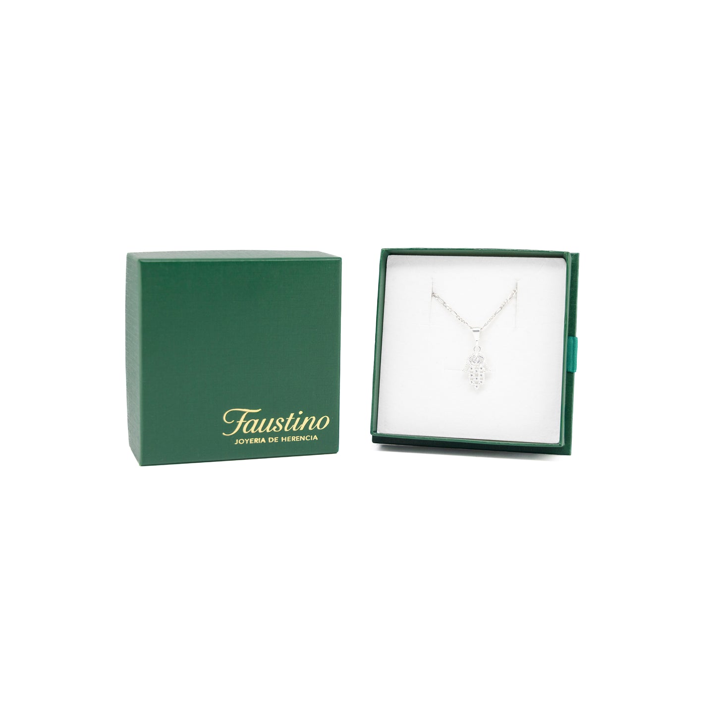 Set de Dije y Cadena de Plata - Mano de Fátima con Zirconias con Cadena Fígaro .925