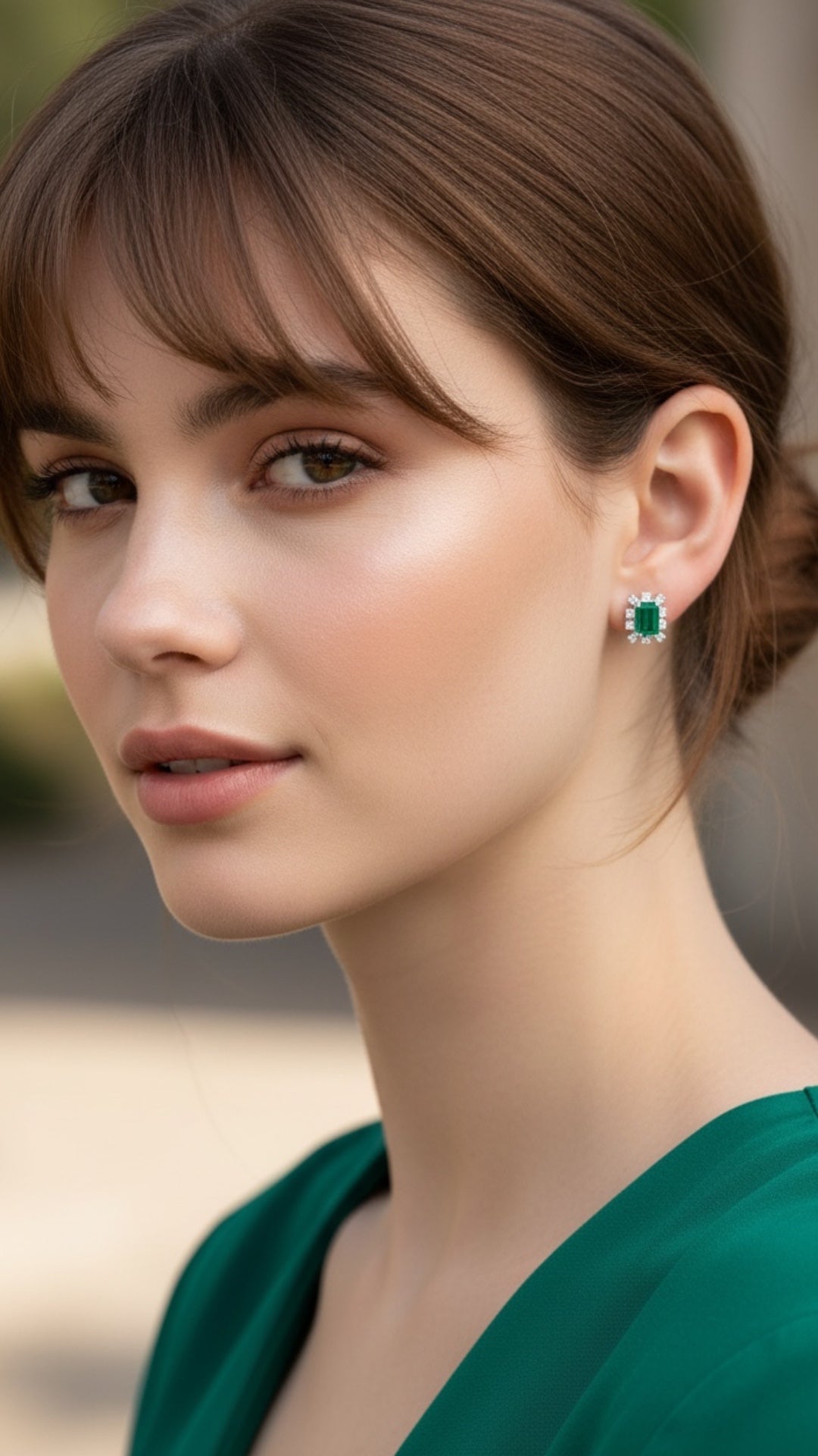 Broquel Plata Ley 925 con Rodio y Zirconia AAA Color Verde Esmeralda y Blanco Corte Rectangular