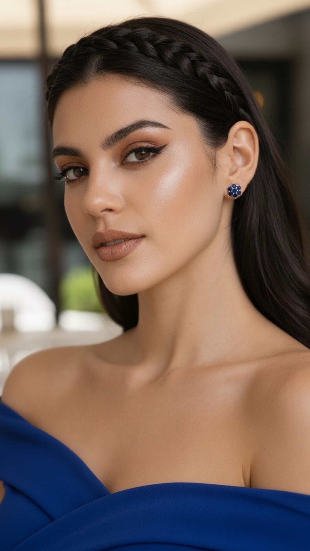 ARETES EN PLATA LEY .925, CON RODIO , ZIRCONIA AAA AZUL ZAFIRO Y BLANCO  , EN FORMA DE FLOR
