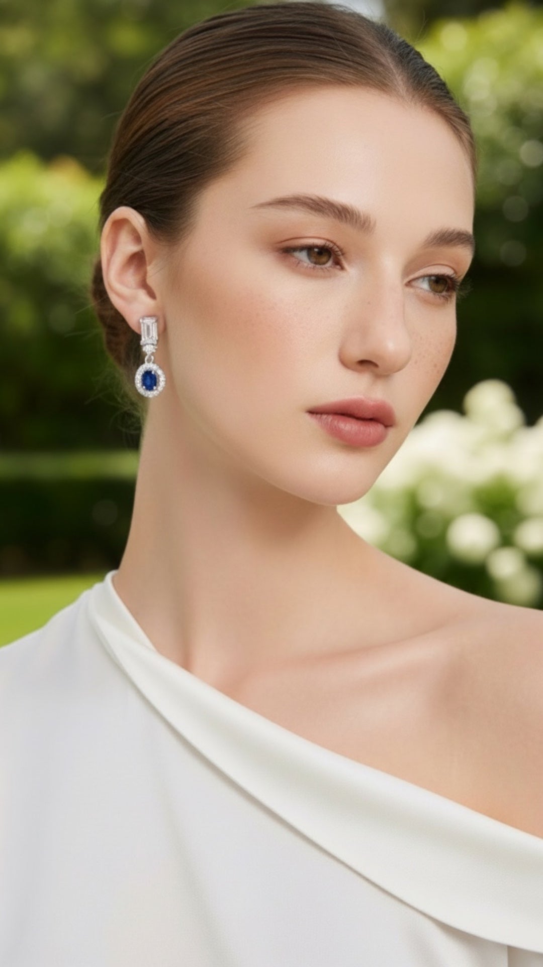 Aretes Plata Ley 925 con Rodio y Zirconia AAA Color Azul Zafiro y Blanco Ovalado