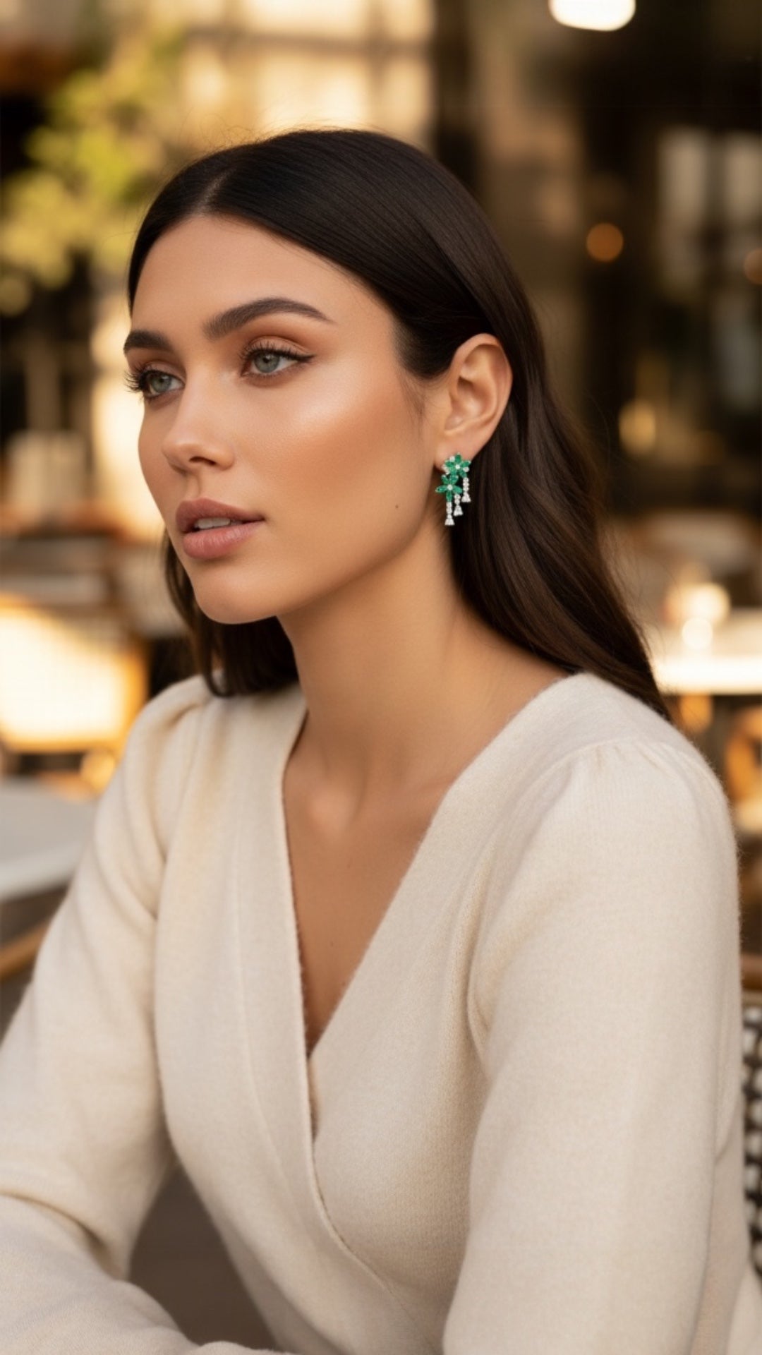 Aretes Plata Ley 925 con Rodio y Zirconia AAA Color Verde Esmeralda y Blanco en Forma de Dos Flores