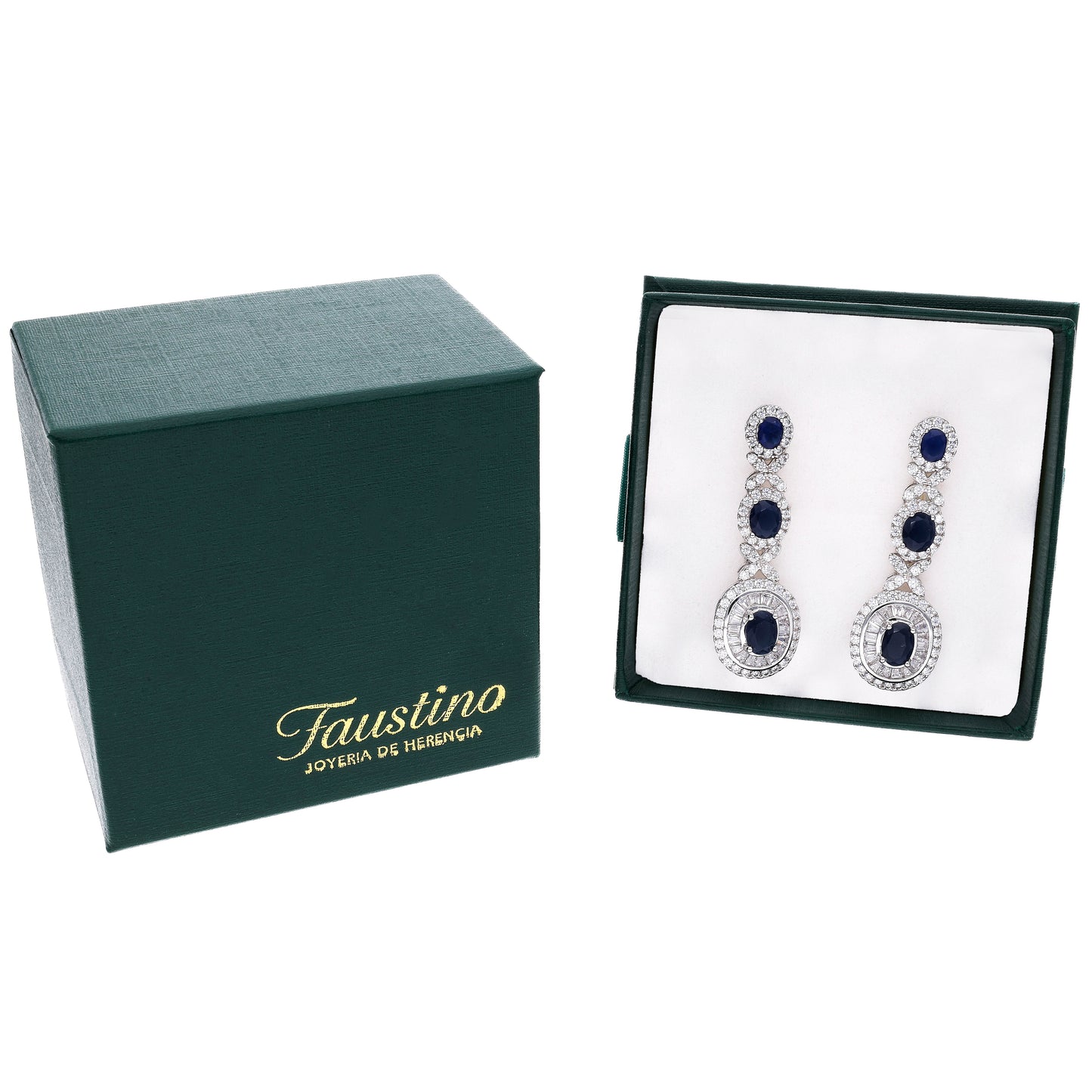 Aretes Plata Ley 925 con Rodio y Zirconia AAA Color Azul Zafiro y Blanco Ovalado
