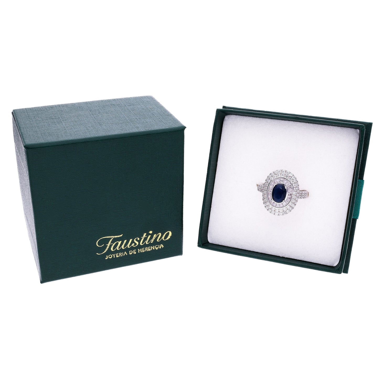 Anillo Plata Ley 925 con Rodio y Zirconia AAA Color Azul Zafiro y Blanco Ovalado