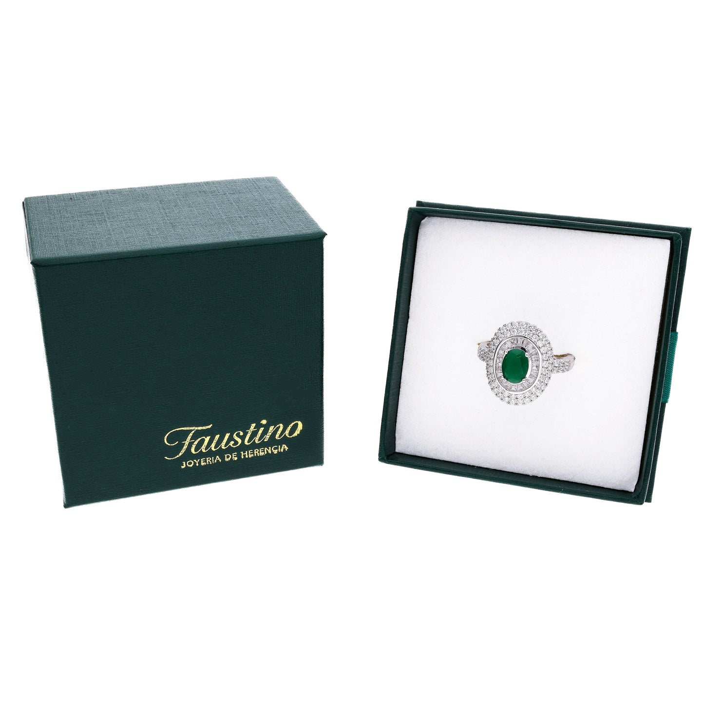 Anillo Plata Ley 925 con Rodio y Zirconia AAA Color Verde Esmeralda y Blanco Ovalado