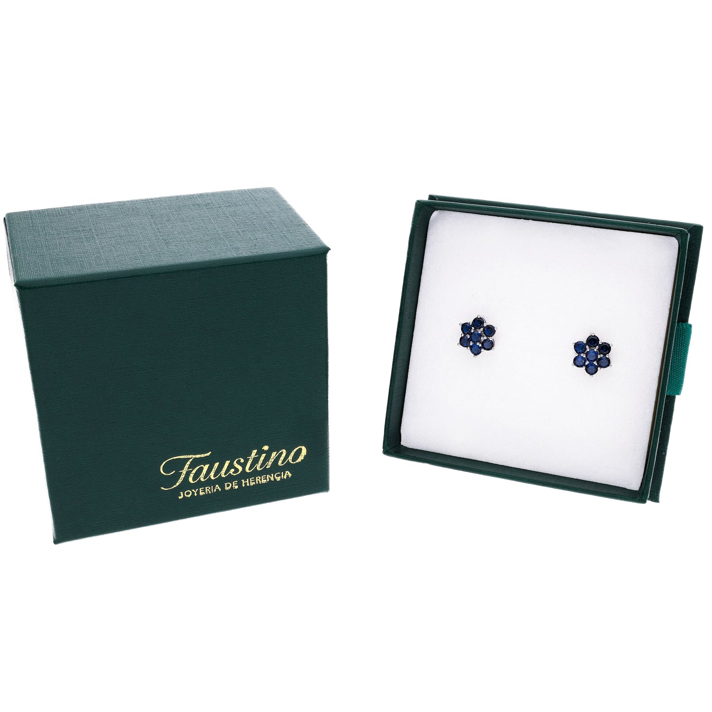 ARETES EN PLATA LEY .925, CON RODIO , ZIRCONIA AAA AZUL ZAFIRO Y BLANCO  , EN FORMA DE FLOR