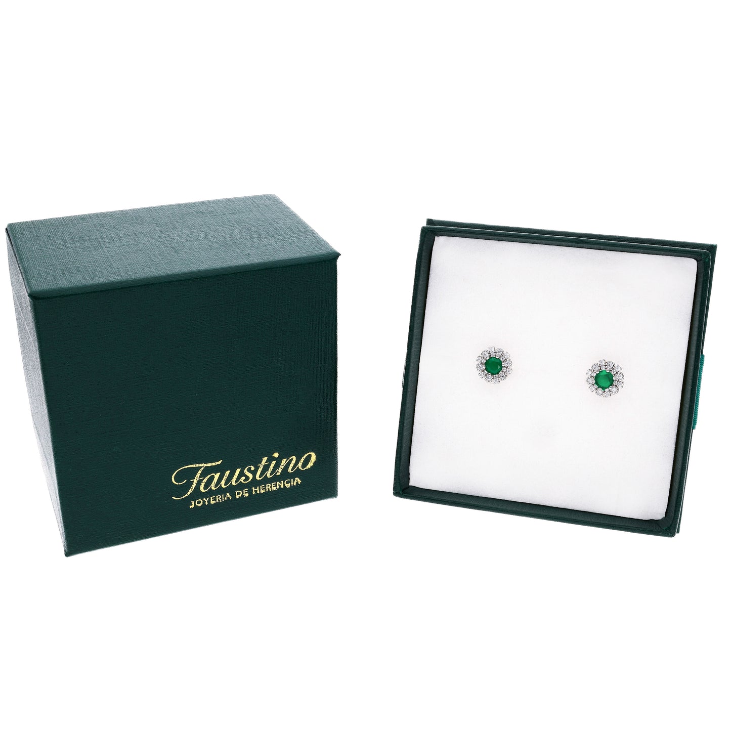 Broquel Plata Ley 925 con Rodio y Zirconia AAA Color Verde Esmeralda y Blanco Redondo