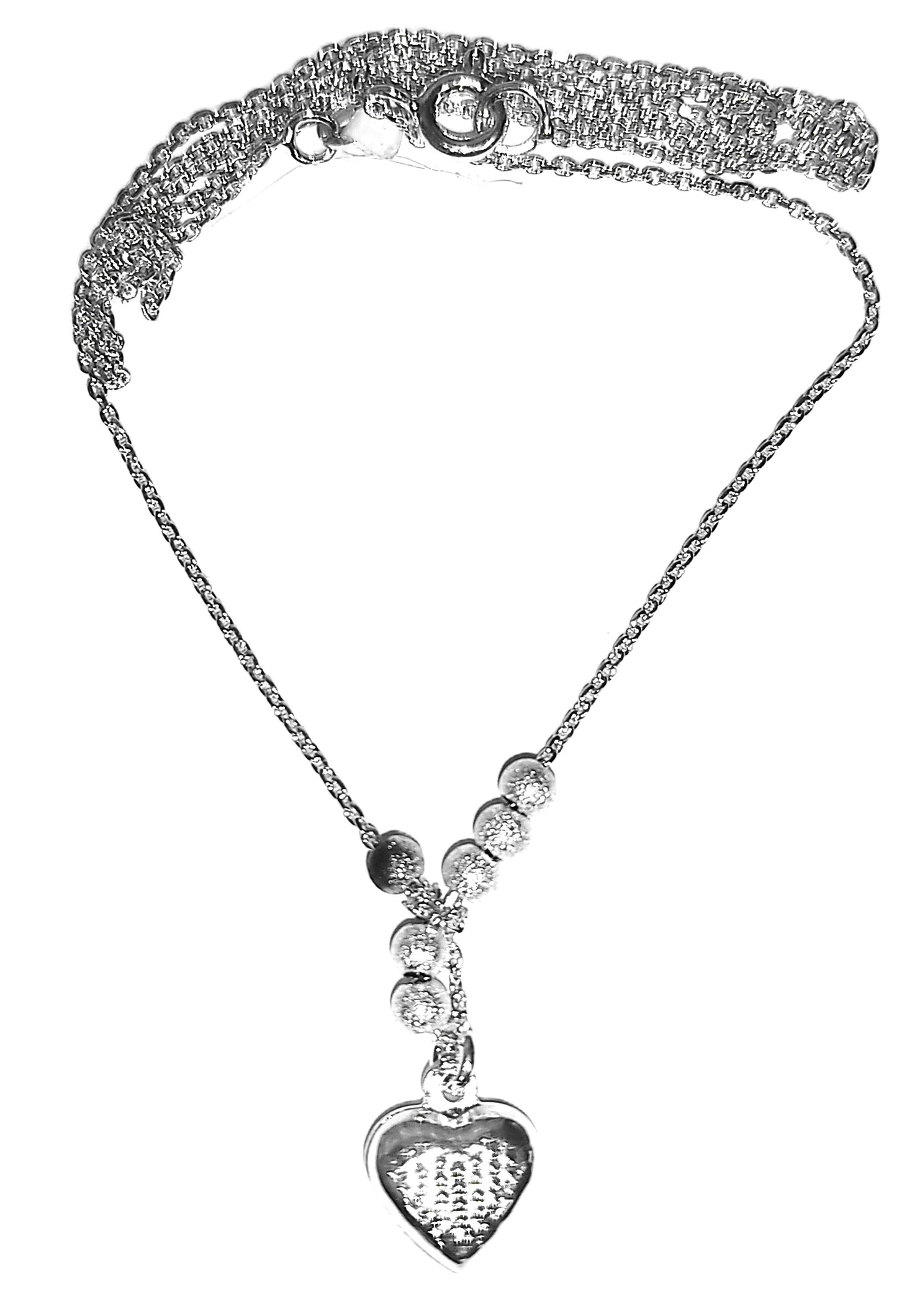 Collar de Plata .925 - Cadena Popcorn con Discos Degradé, Zircones y Dije Corazón Diamantado