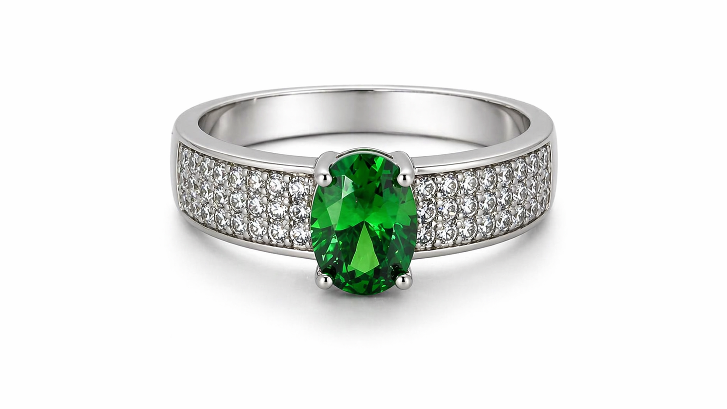 Anillo de Plata .925 - Solitario de Lujo con Banda Ancha de Pavé Triple Fila y Zircón Verde Esmeralda Oval