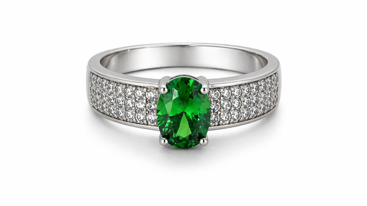 Anillo de Plata .925 - Solitario de Lujo con Banda Ancha de Pavé Triple Fila y Zircón Verde Esmeralda Oval