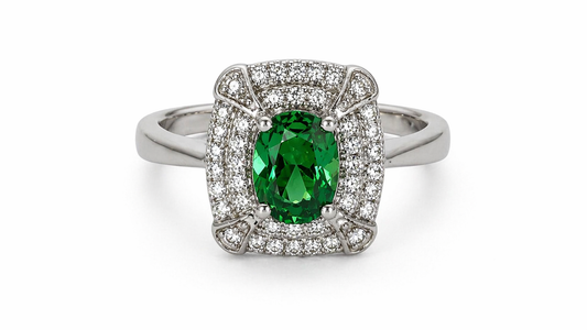 Anillo de Plata .925 - Halo Rectangular Cushion Doble Pavé Art Déco con Zircón Verde Esmeralda Oval