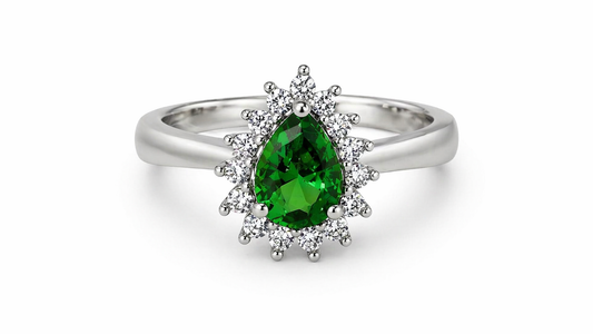 Anillo de Plata .925 - Halo Corona Real con Zircón Verde Esmeralda en Corte Pera — Estilo Diana Verde