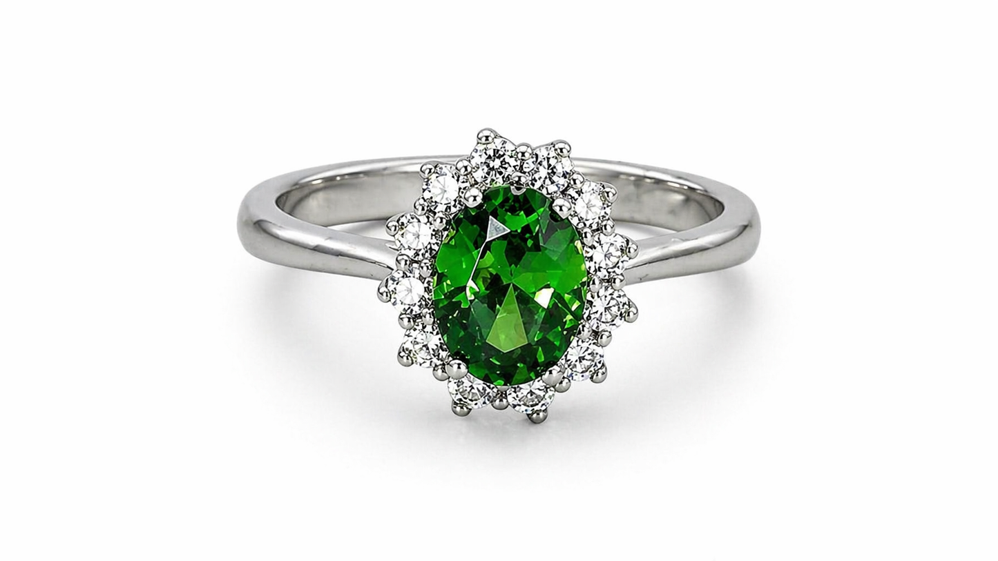 Anillo de Plata .925 - Halo Clásico Ovalado con Doce Zircones Blancos y Zircón Verde Esmeralda Oval — Estilo Diana