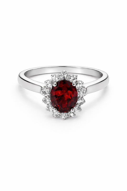 Anillo de Plata .925 - Halo Corona Real Ovalado con Zircón Rojo Rubí Intenso en Corte Oval — Estilo Diana Rojo