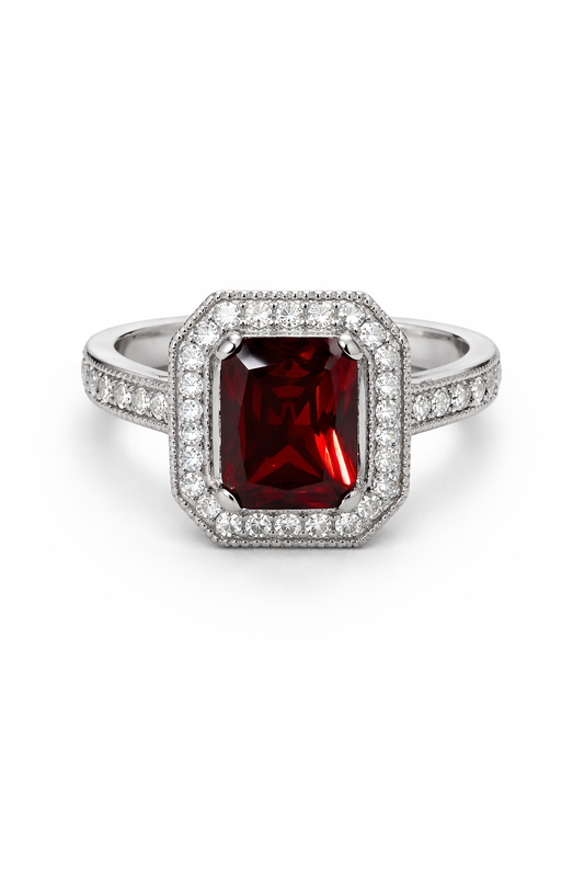 Anillo de Plata .925 - Halo Cuadrado Octogonal Vintage Art Déco con Pavé Total Milgrain y Zircón Rojo Rubí en Corte Esmeralda
